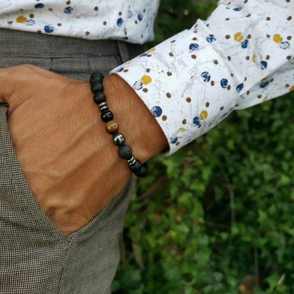 Bracelet de protection pour homme et femme Oeil de tigre et Agate noir