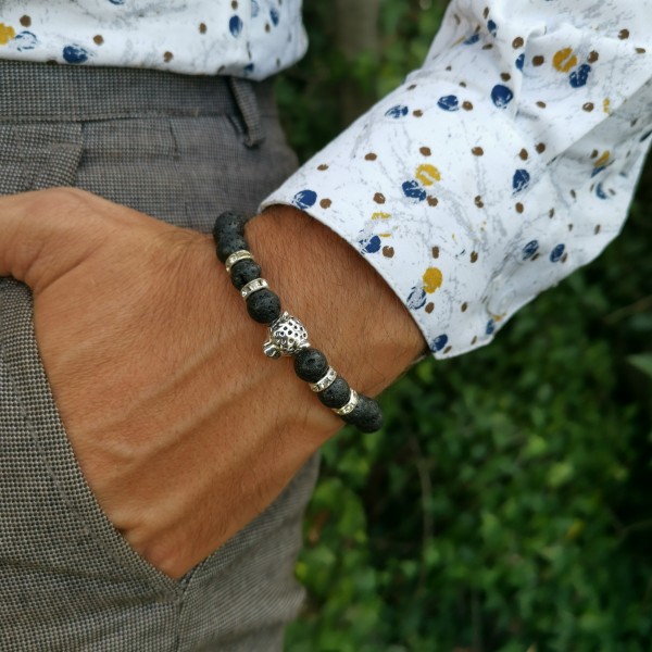 Bracelet pour homme panthère en Pierre de lave