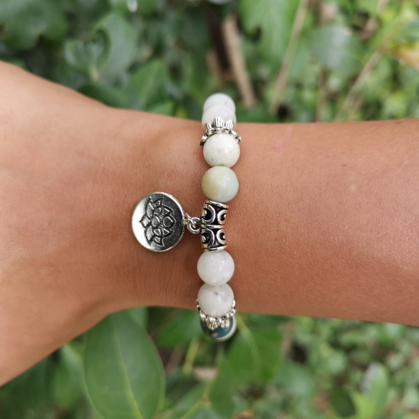 Bracelet fleur de lotus en pierre d'Amazonite - Boules 8mm