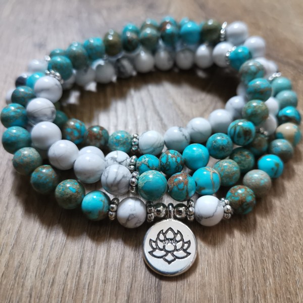 Bracelet mala lotus en pierre d'Howlite et Turquoise