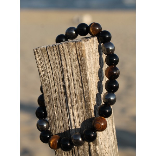 Bracelet oeil de tigre, labradorite, jaspe et crâne