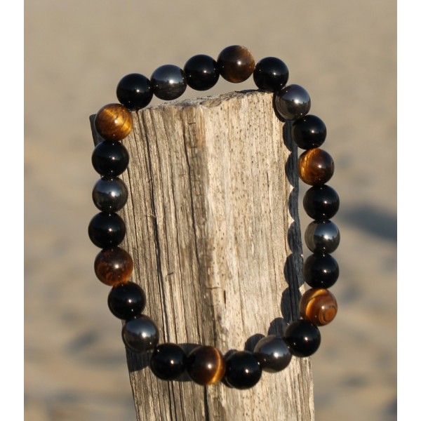 Bracelet oeil de tigre, labradorite, jaspe et crâne