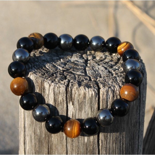 Bracelet oeil de tigre, labradorite, jaspe et crâne