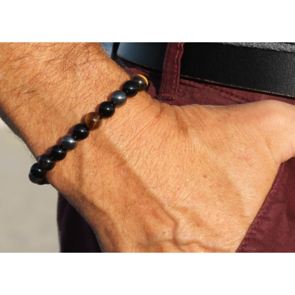 Bracelet oeil de tigre, labradorite, jaspe et crâne